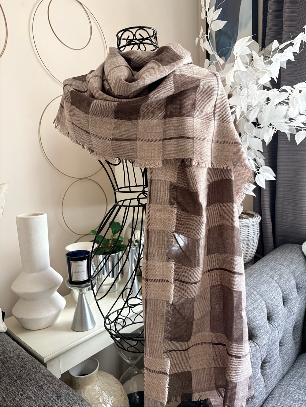 J Jill Beige Brown Plaid Knit Scarf Wrap Fringe Acrylic/Viscose/Rayon 25x72